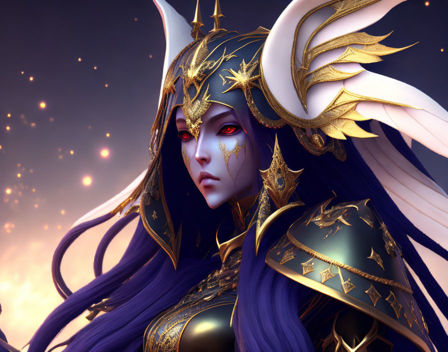 Ethereal character with gold armor, purple hair, red eyes, and white wings on starry