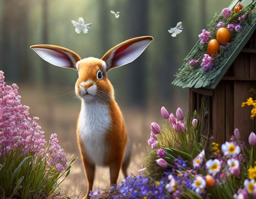 Cartoon Rabbit with Large Ears by Birdhouse in Forest Scene