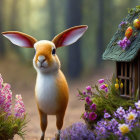 Cartoon Rabbit with Large Ears by Birdhouse in Forest Scene