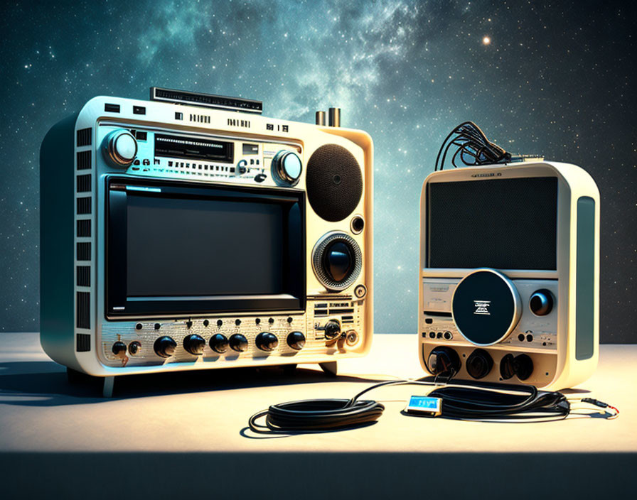 Retro-styled TV and radio with modern earphones and MP3 player on starry night backdrop