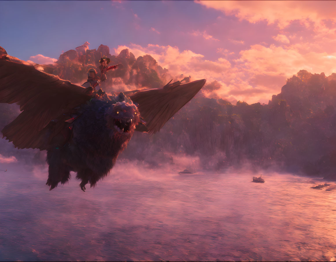 Fantasy character on winged creature over misty lava landscape at sunset