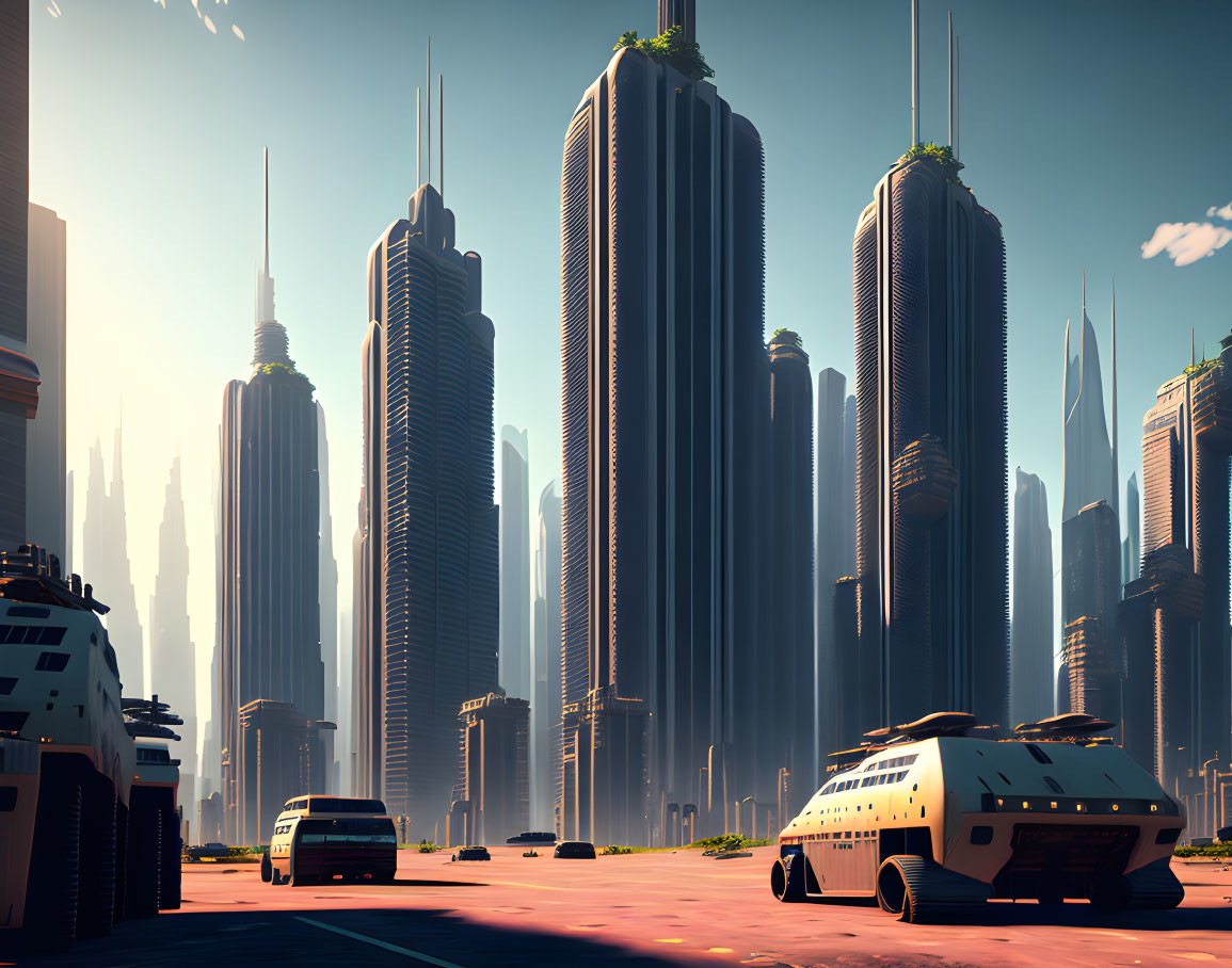 Futuristic cityscape with towering skyscrapers and advanced vehicles