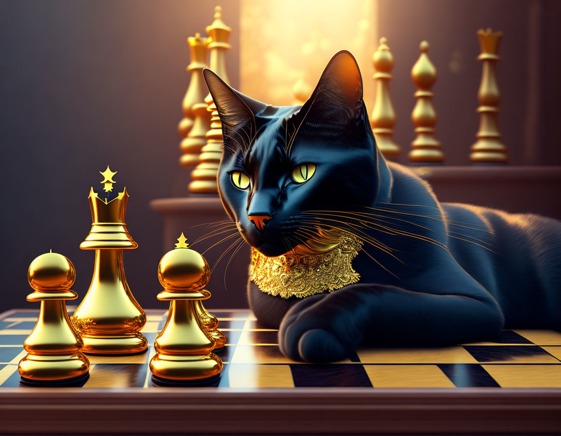 Black Cat with Golden Ruff on Chessboard with Golden Pieces