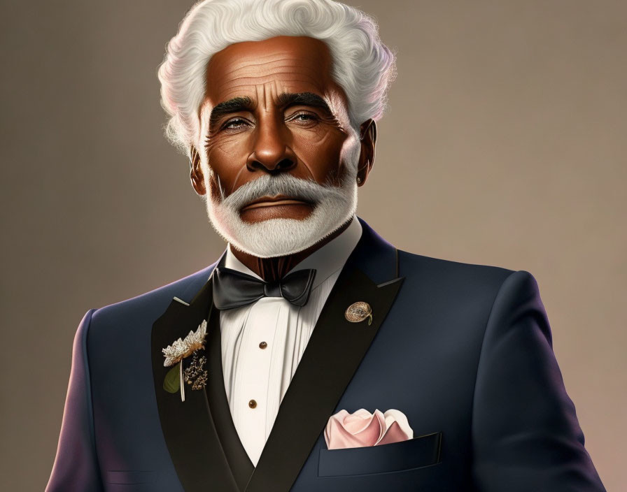 Elderly man in navy tuxedo with white beard and bow tie