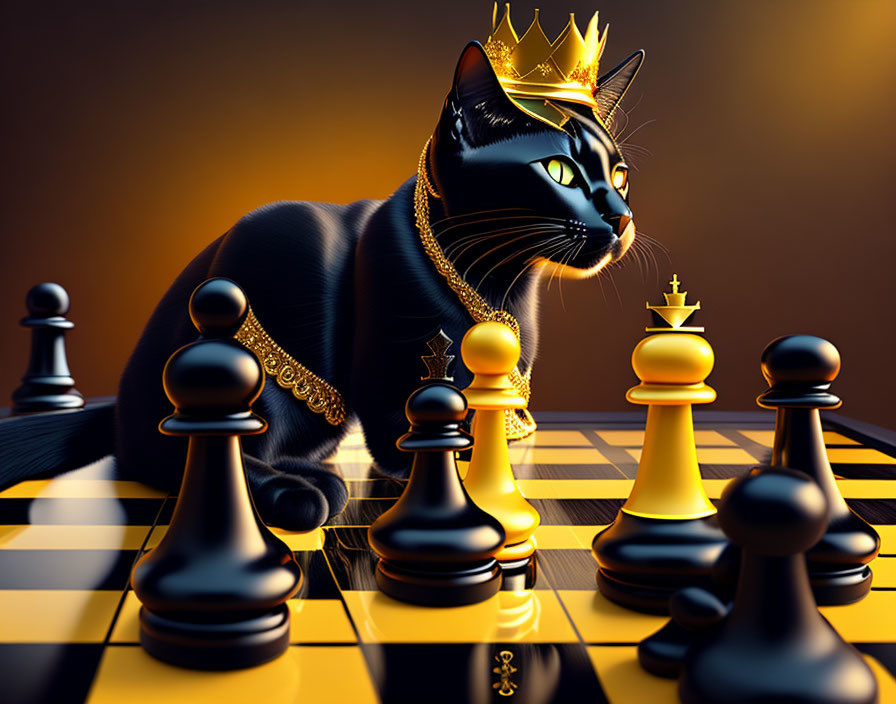 Black Cat with Golden Crown and Necklace on Chessboard with Chess Pieces