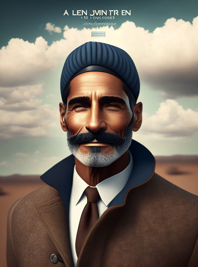 Stylized digital artwork: tanned man in blue turban, beard, mustache, classic