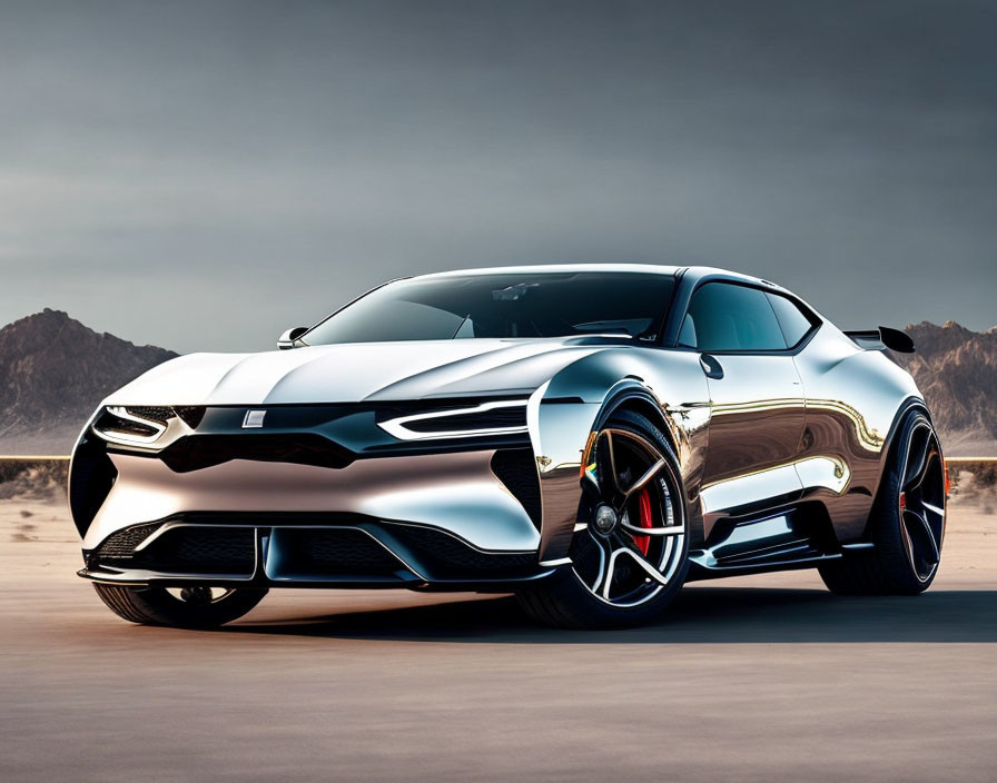 Chrome-finished Sports Car with White Accents on Desert Road