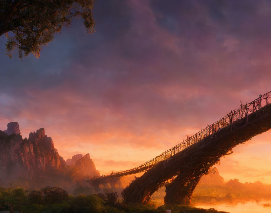 Rustic footbridge over serene landscape with mountains and colorful sunset.