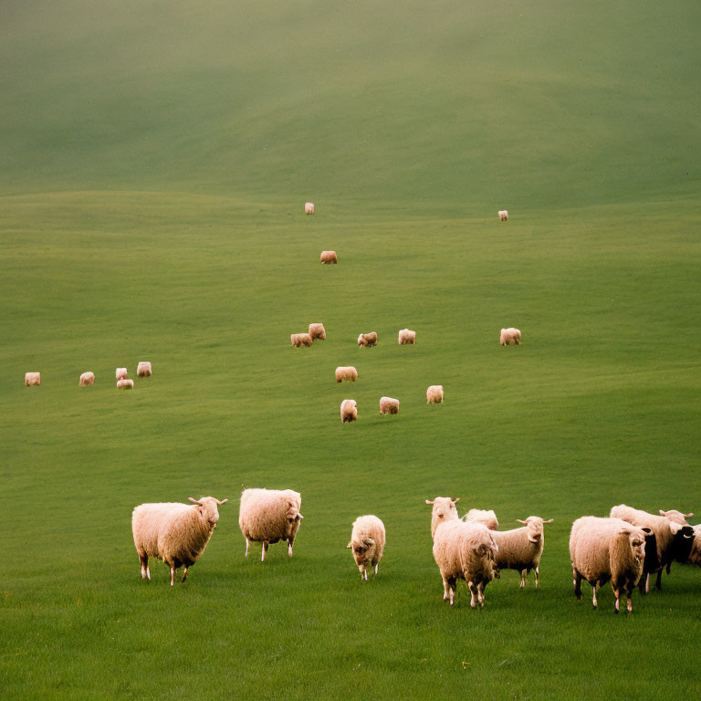 Sheep Grazing on Lush Green Hillside in Overcast Lighting