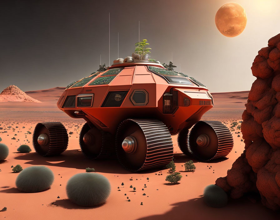 Futuristic orange rover with large tread wheels on rocky Martian landscape