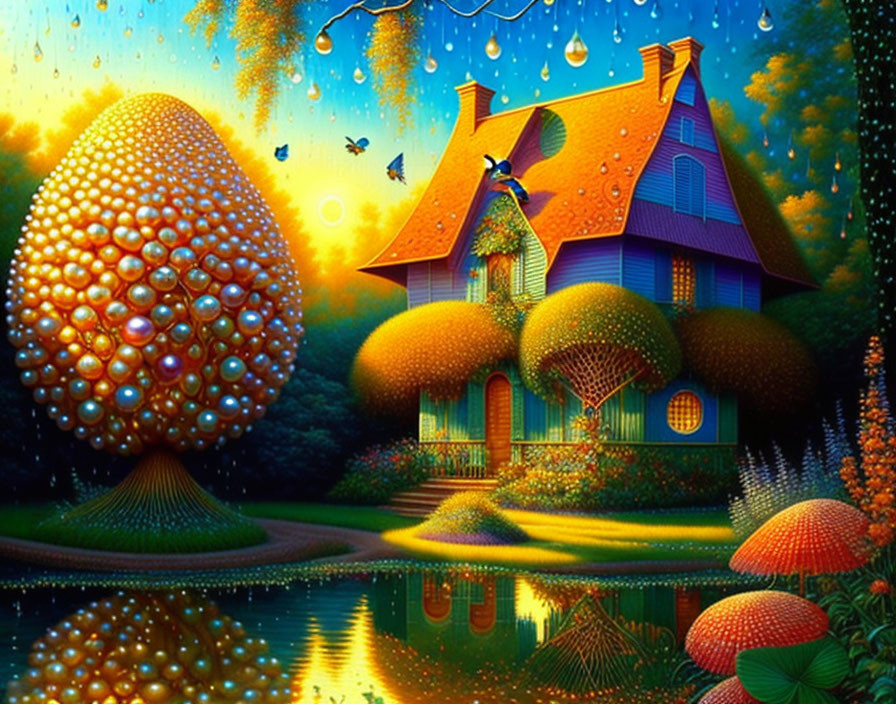 Colorful Artwork of Whimsical Cottage in Fantastical Setting