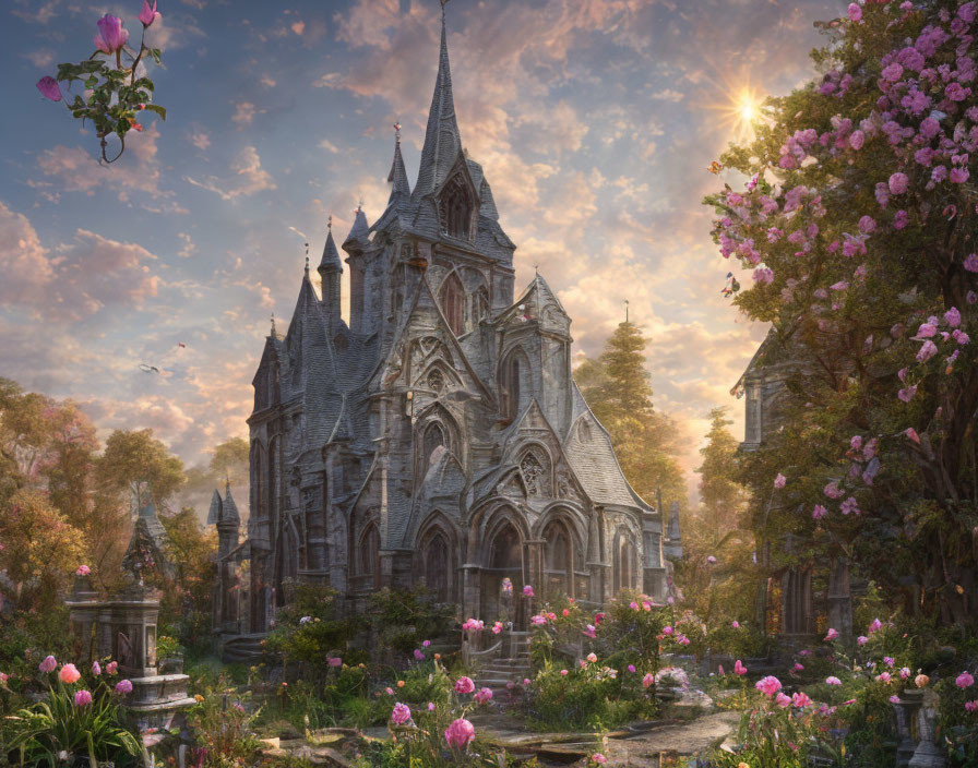 Gothic church in lush garden with sunset landscape