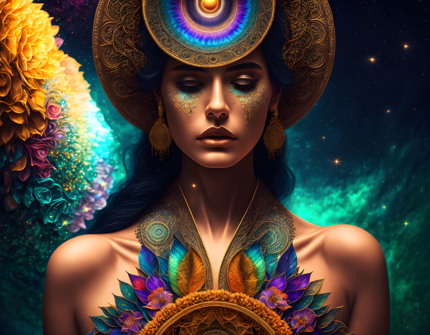 Woman with Decorated Hat and Cosmic Floral Background