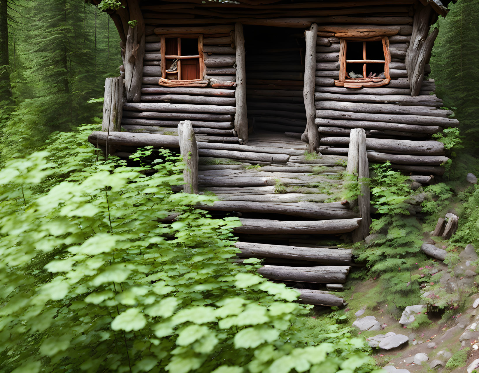 Cozy log cabin in lush forest with timber stairway