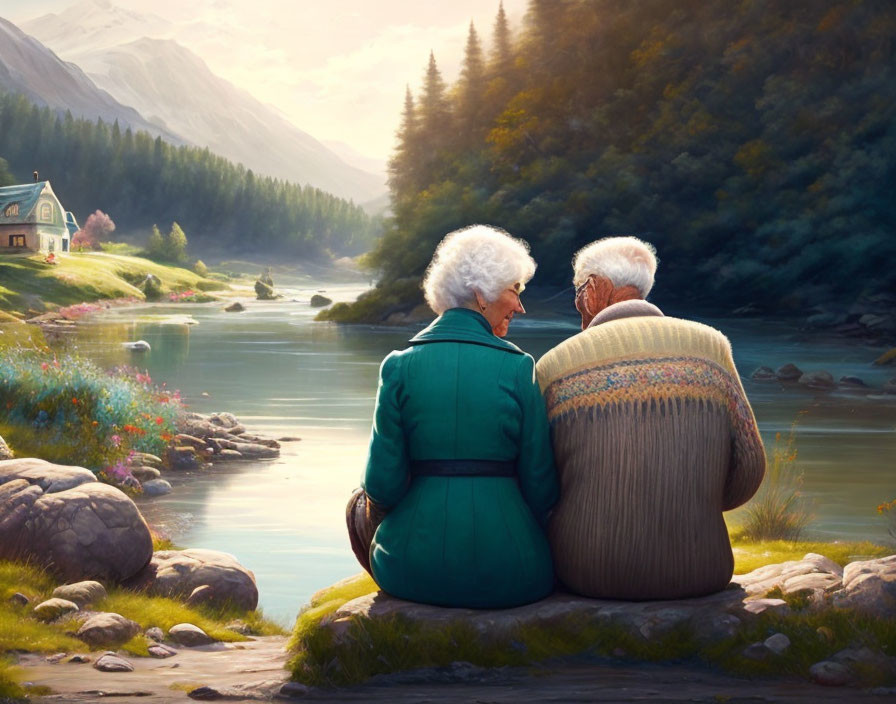 Elderly Couple Enjoying Sunset by Serene River