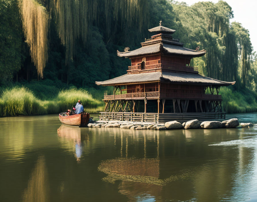 Asian Pagoda on Stilts Overlooking Serene Lake