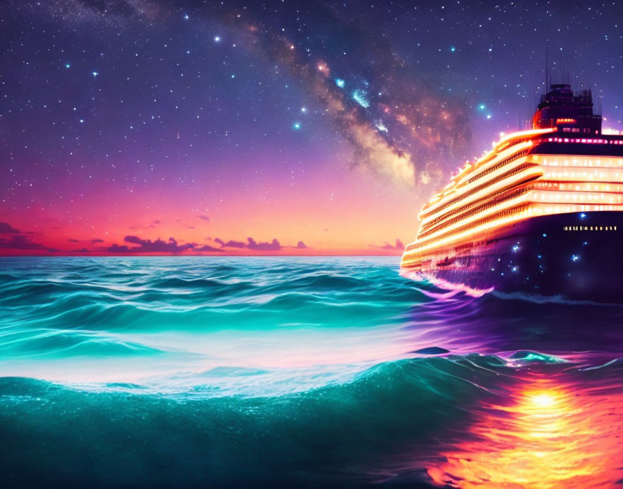 Cruise Ship Sailing on Vibrant Ocean at Dusk with Starry Sky