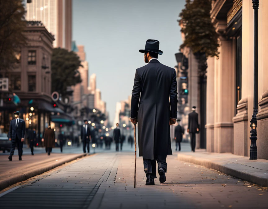 Stylishly dressed person strolling city street at twilight