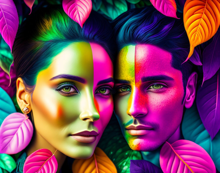 Colorful digital artwork of woman and man with painted faces in leafy background