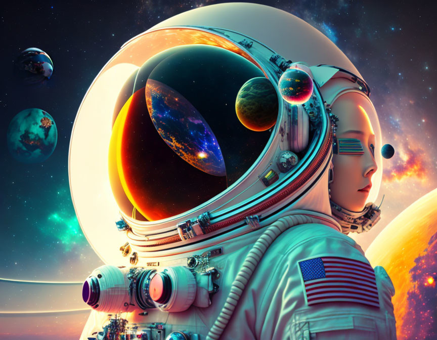 Astronaut with reflective helmet visor gazing at vibrant planets and stars in space