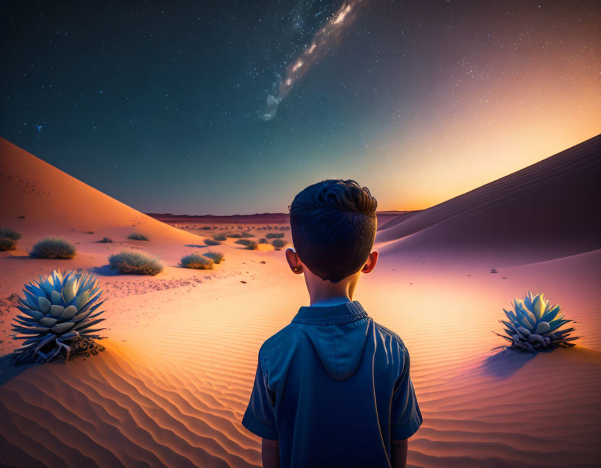 Boy Contemplates Bright Celestial Event in Desert Twilight