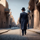 Stylishly dressed person strolling city street at twilight