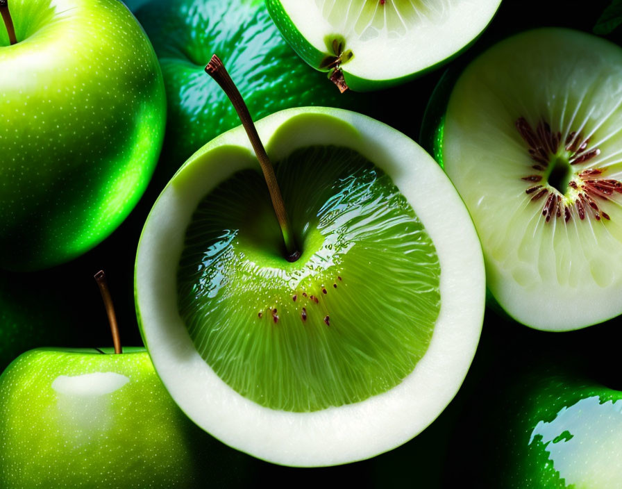 Fresh green apples and kiwi slice with heart shape on dark background.