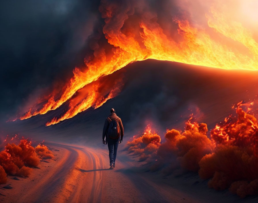 Person walking towards erupting volcano with flowing lava under dramatic sky