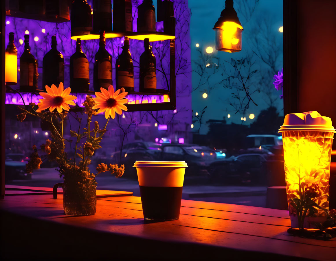 Warmly lit cafe interior with wine bottles, flowers, and parking view