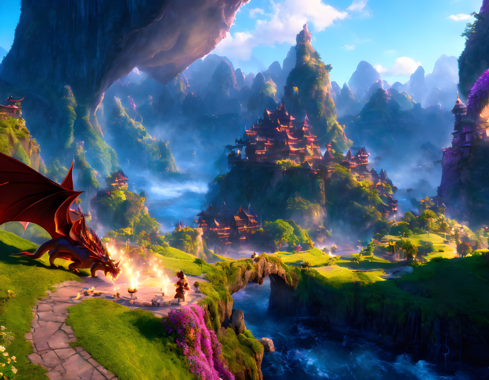 Fantasy landscape with dragon, floating mountains, and lush greenery