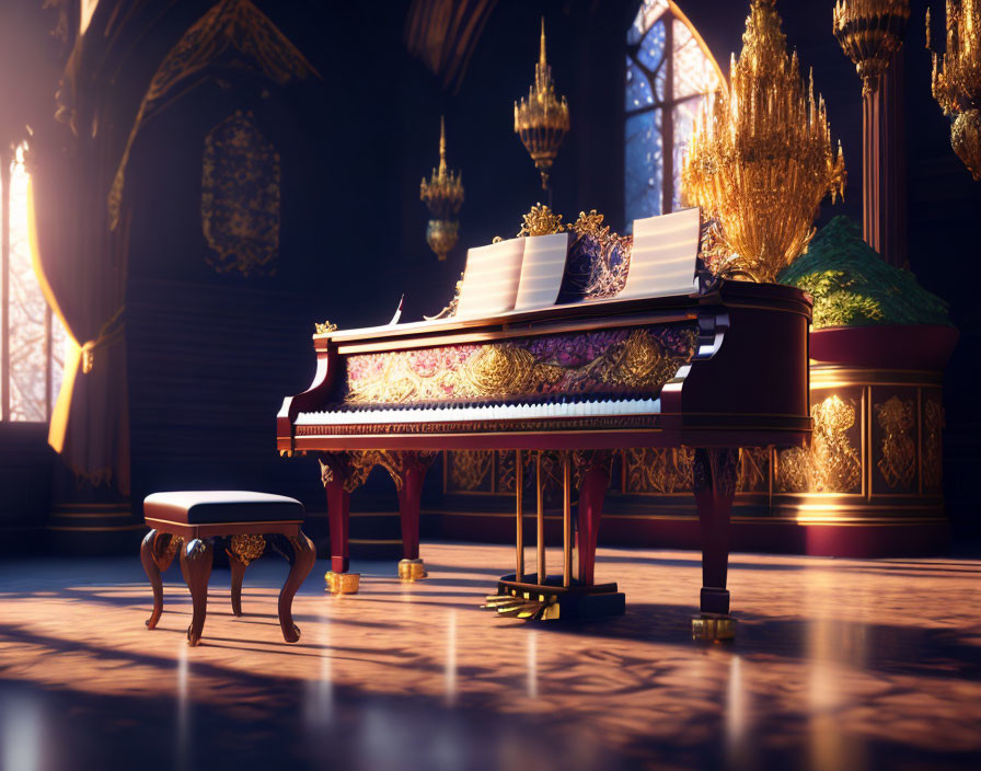 Luxurious Grand Piano in Ornate Room with Large Windows