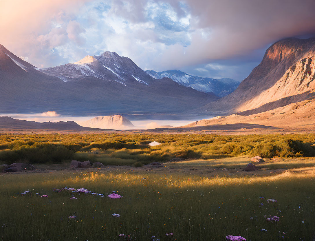 Majestic mountains and lush green meadows under dramatic sky