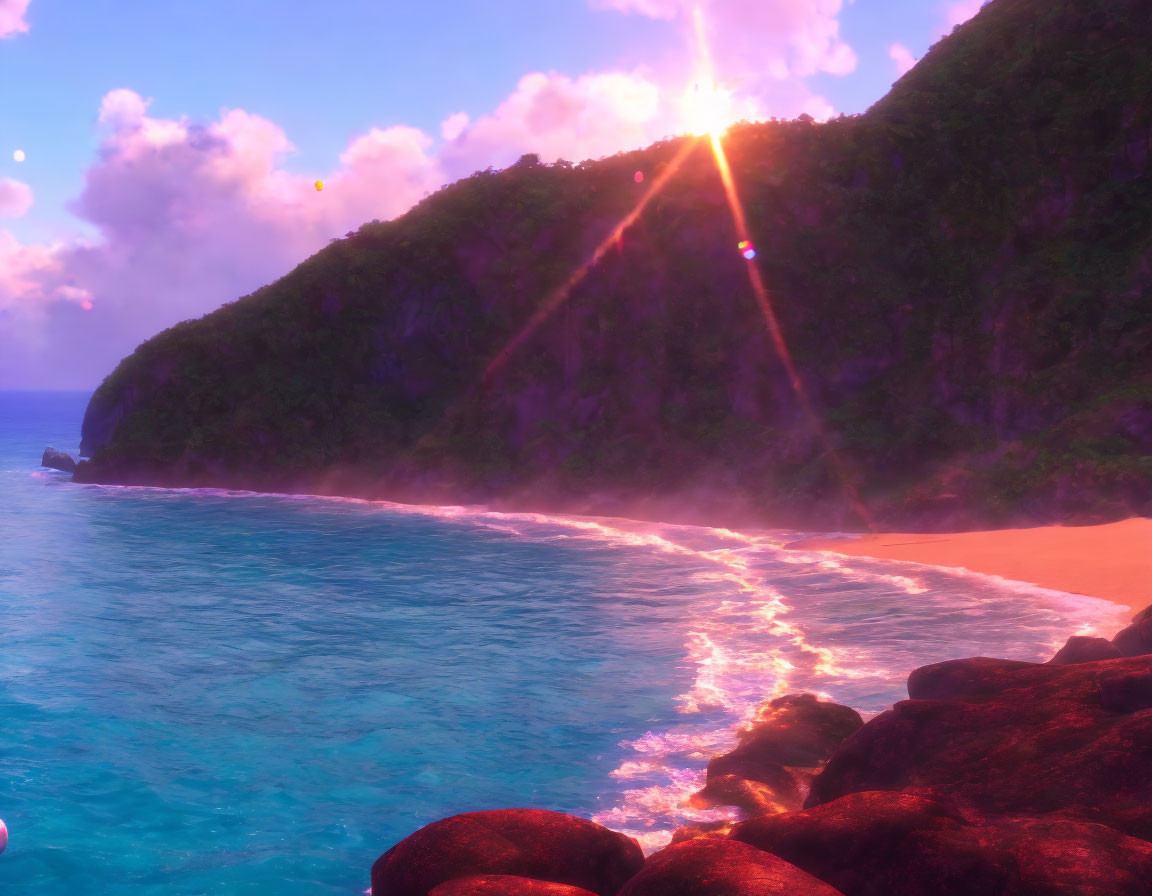 Sunny Beach Scene with Turquoise Water and Pink Clouds