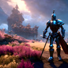 Knight in blue and gold armor in fantasy landscape with castle and pink blossoms