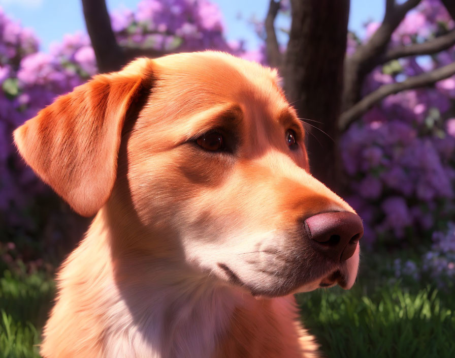 Close-up of thoughtful golden retriever among vibrant purple flowers and lush greenery