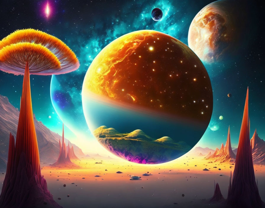 Fantastical landscape with giant mushrooms, sharp peaks, and celestial bodies