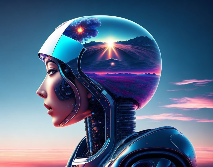 Female Android with Reflective Helmet in Scenic Landscape at Twilight