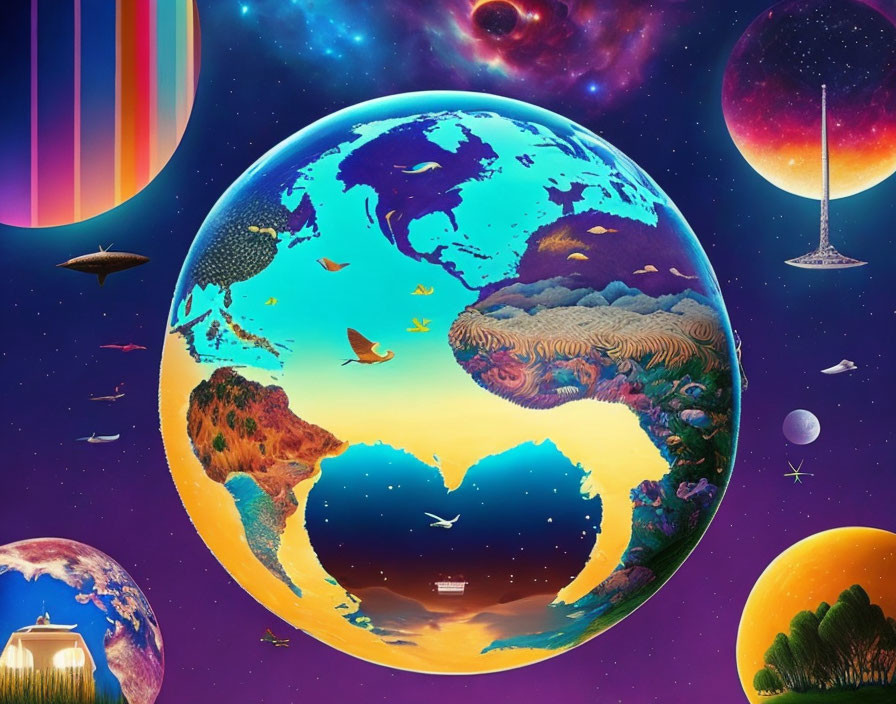 Colorful Surreal Artwork: Heart-shaped Earth Cutout in Cosmic Scene