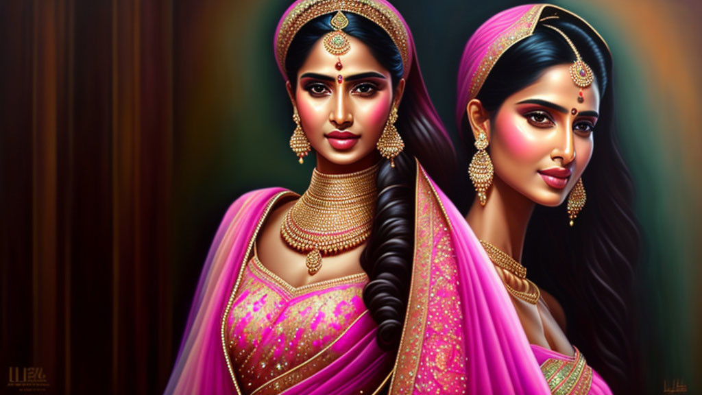 Traditional Indian Attire and Gold Jewelry Illustration of Two Women