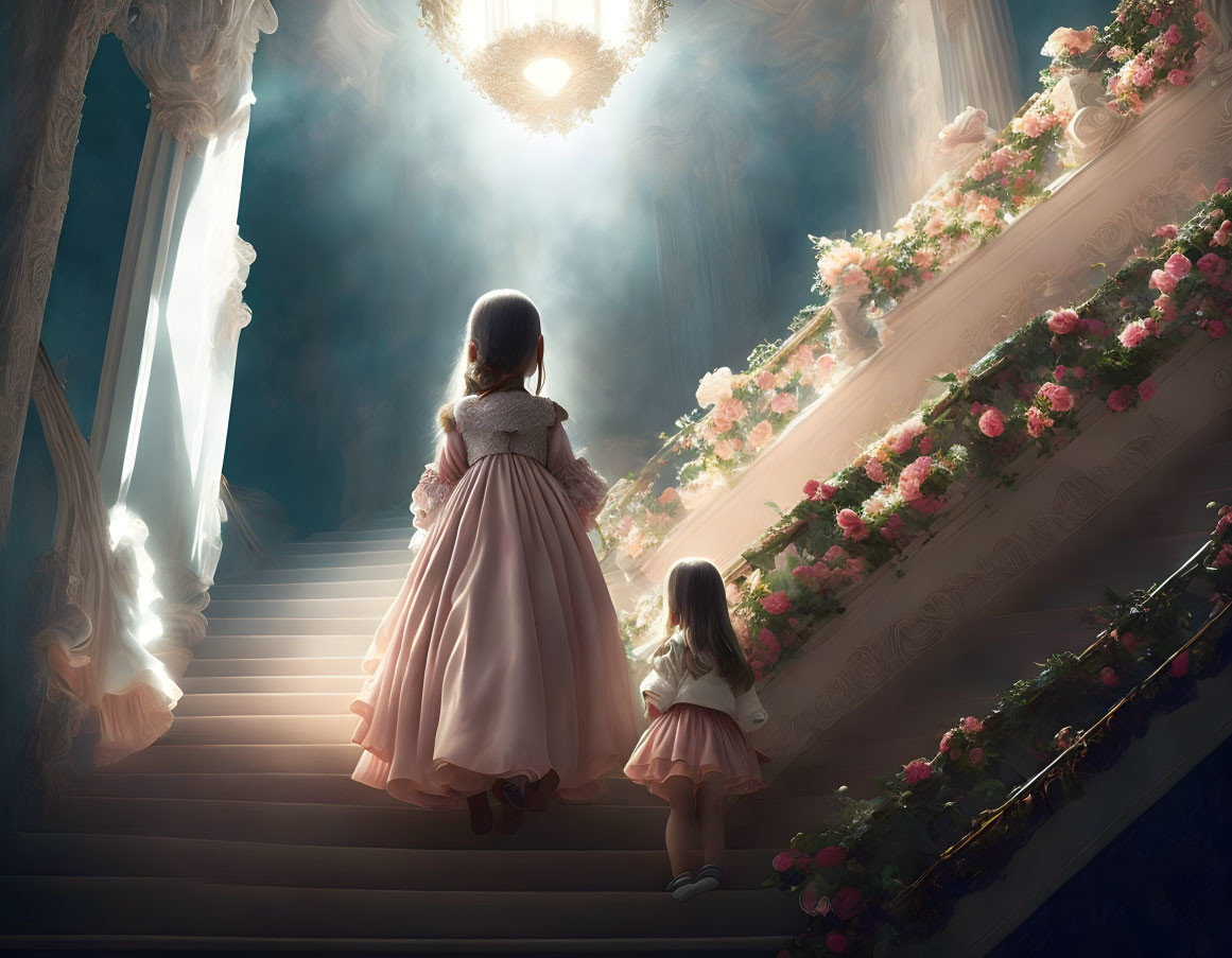 Girl in Pink Dress Leads Younger Child Up Grand Staircase Amid Blooming Flowers