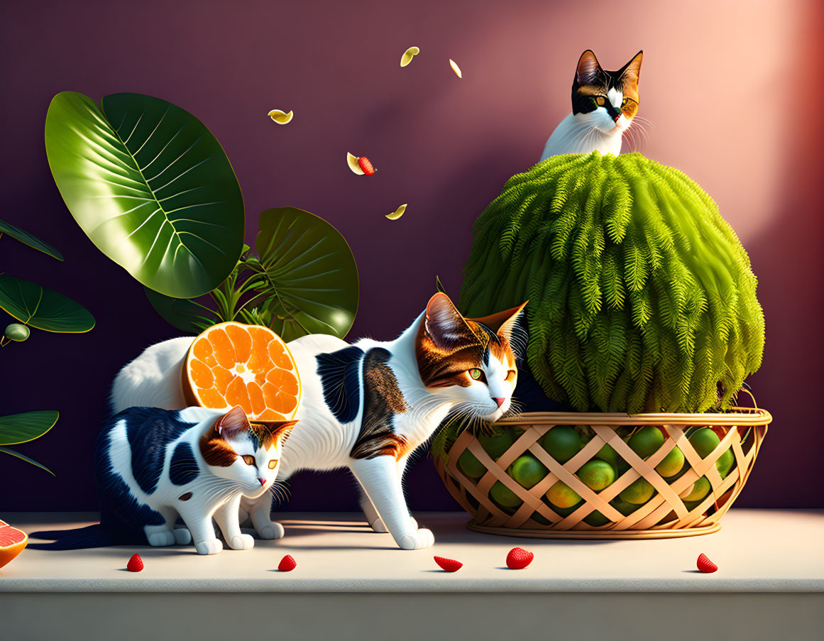 Calico-patterned domestic cats near fruit basket and plants indoors.