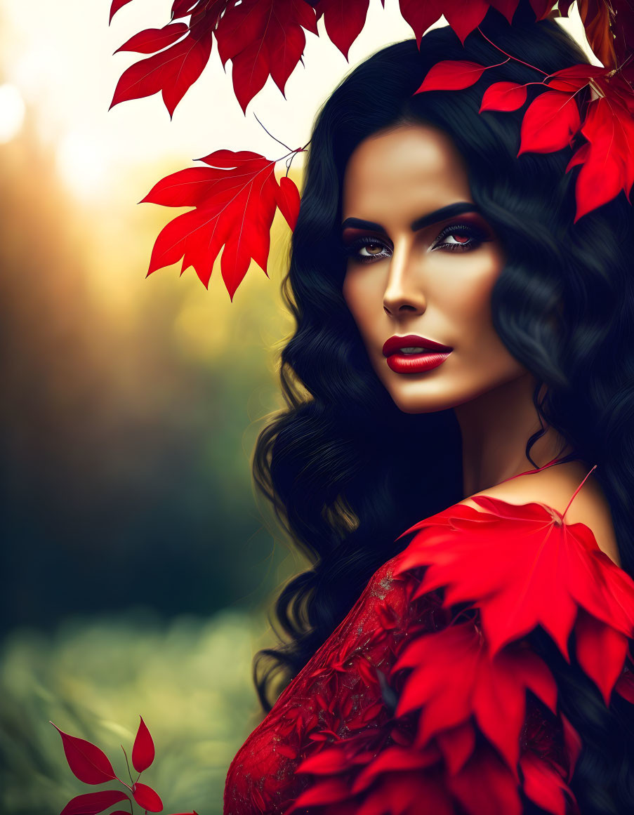 Dark-haired woman with red lipstick in autumn leaves and warm lighting