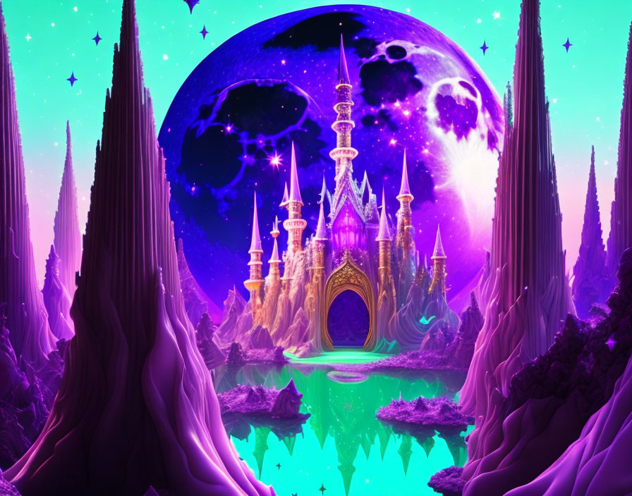 Fantasy landscape with glowing castle, purple cliffs, green lake, and moon.