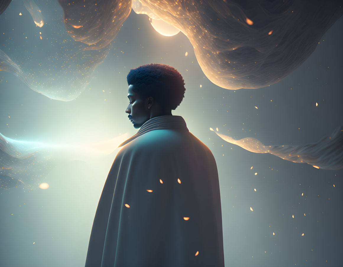 Contemplative figure under celestial sky with ethereal shapes and glowing particles