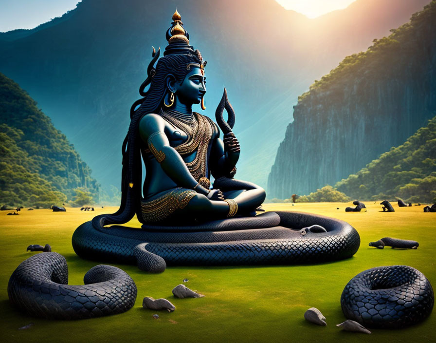 Blue-skinned deity meditating on snake in serene mountain landscape