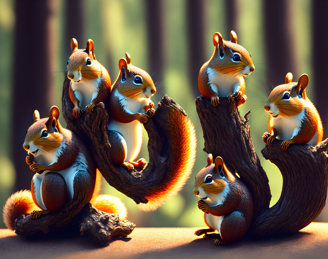 Fluffy-tailed squirrels perched on branches in forest setting