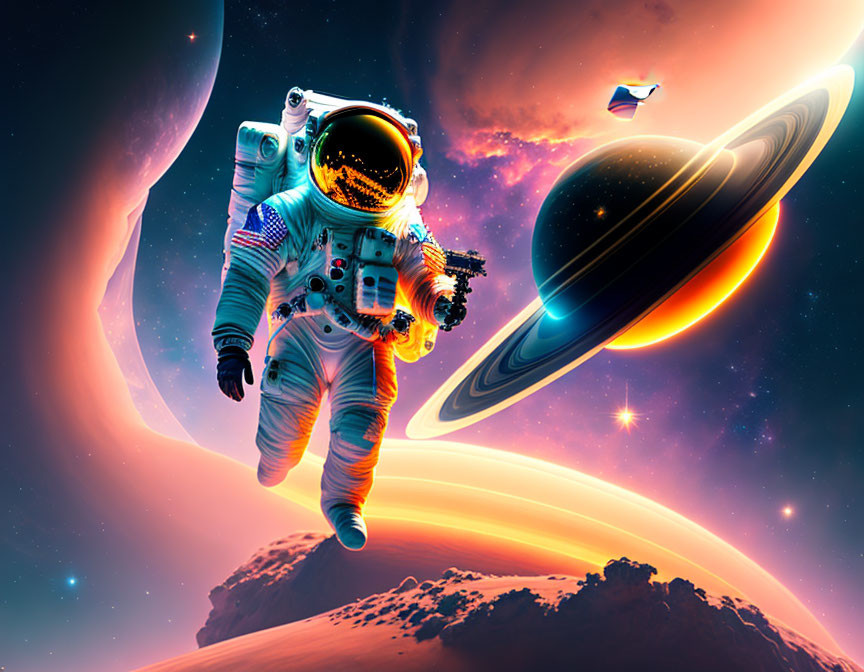 Astronaut floating in space with stars, ringed planet, and nebulae