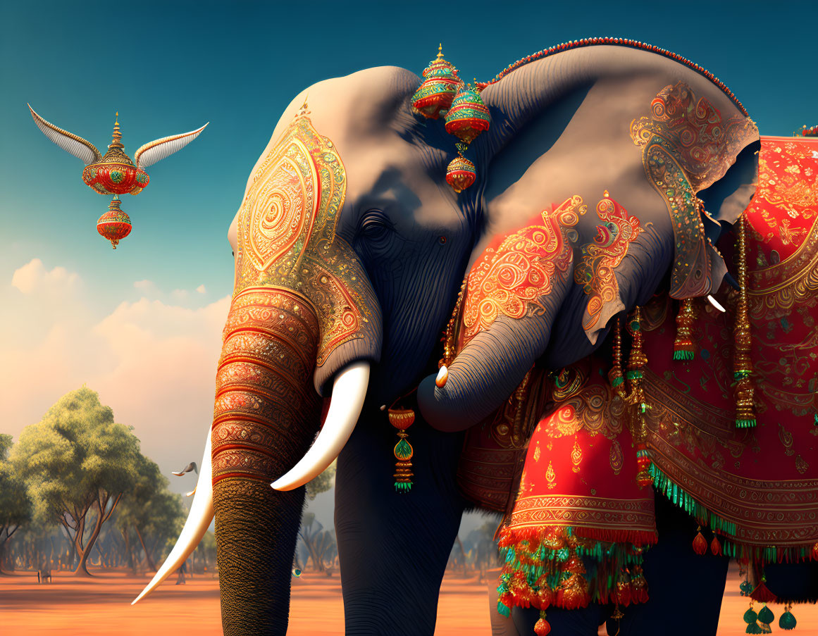 Ornate Decorated Elephant with Red Cloth and Winged Artifact in Stylized Landscape