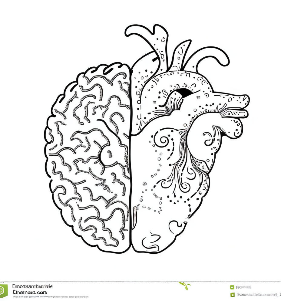 Detailed Human Brain and Heart Blend Coloring Illustration