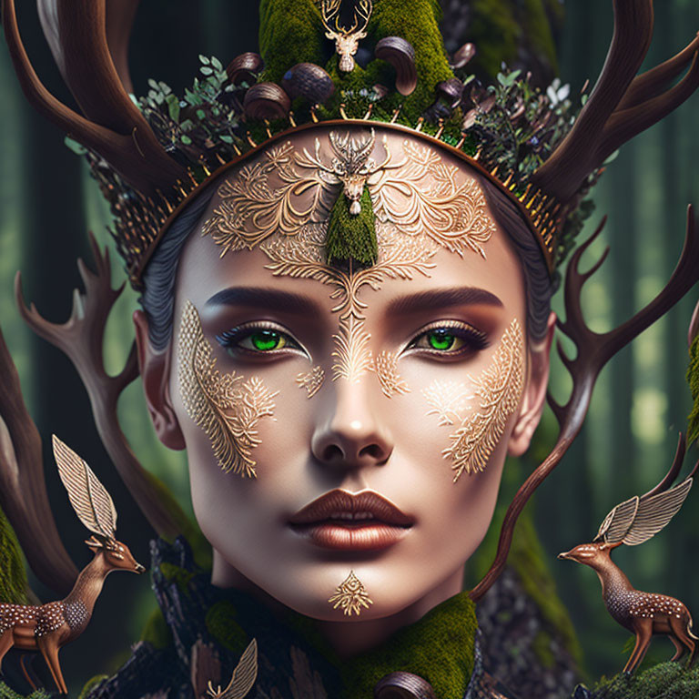 Woman with Antler Crown and Deer Companions in Forest Setting